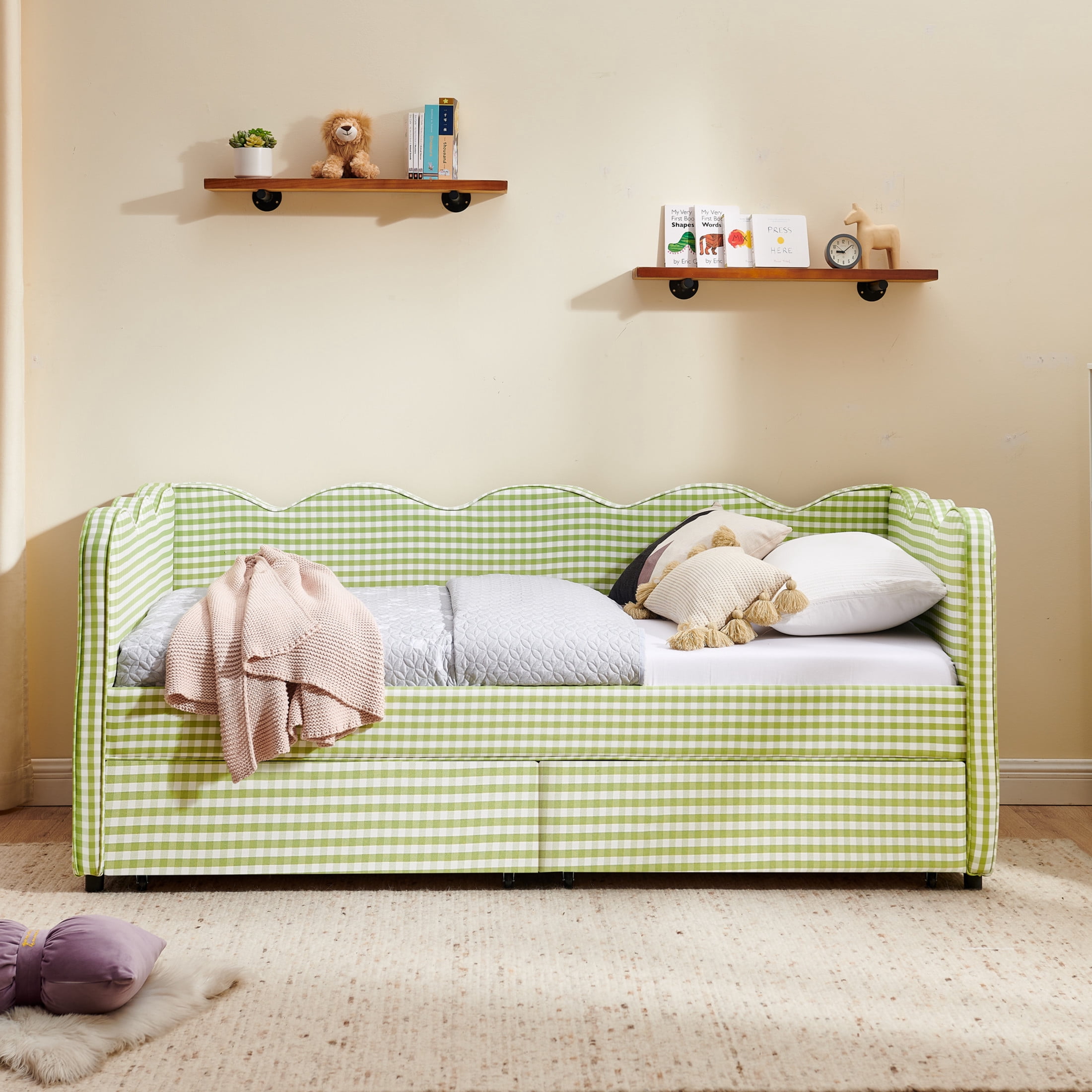 Noble House Corlan Twin Size Waved Daybed, Cozy Gingham Linen Sofa Bed with Storage Drawers and Charging Port, Green