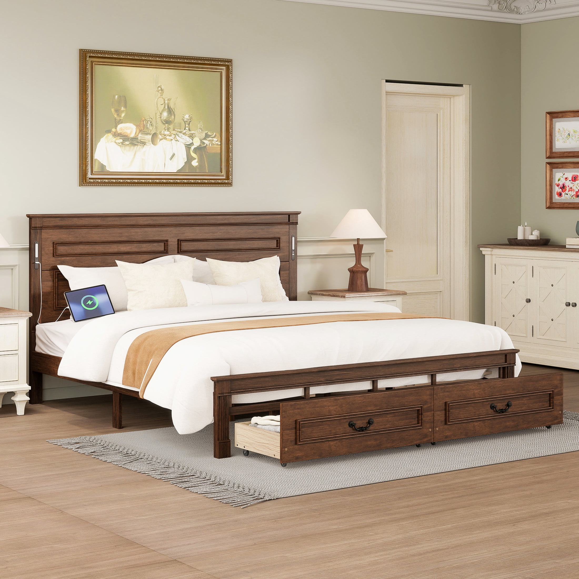 Noble House Corneille King Farmhouse Bed with LED Headboard, USB Charging Station, Storage Drawers, Pine Wood, Walnut
