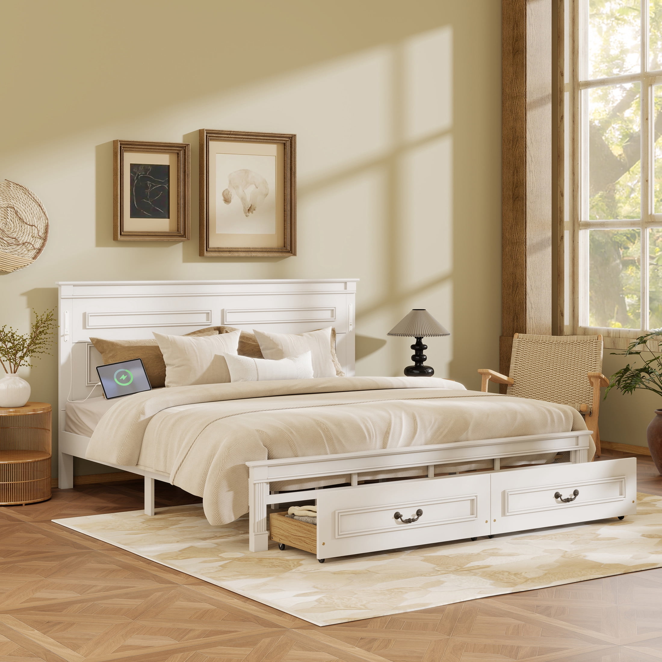 Noble House Corneille King Farmhouse Bed with LED Headboard, USB Charging Station, Storage Drawers, Pine Wood, White