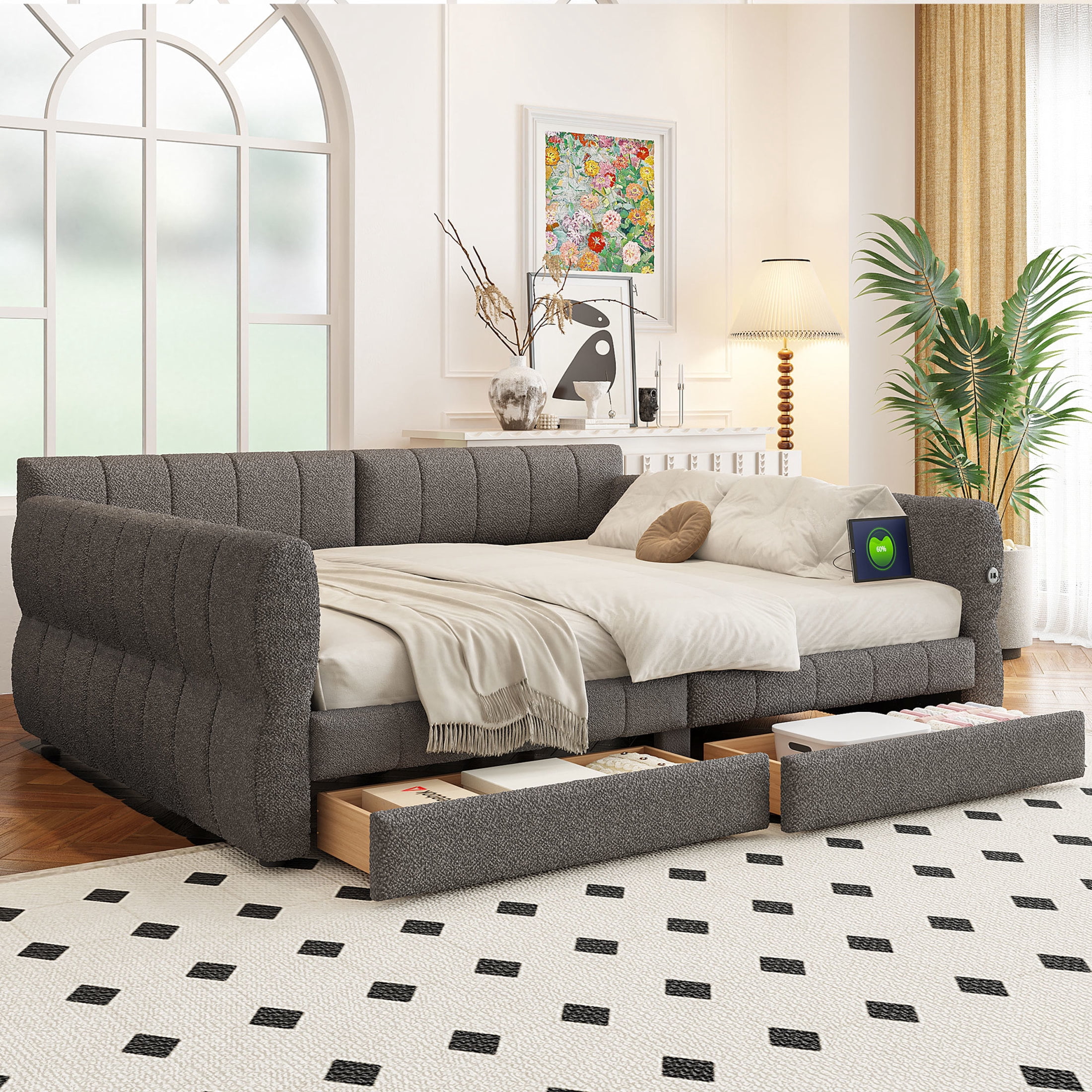 Noble House Cornelius King Size Upholstered Platform Bed, Lambswool Bed Frame with USB Port and Storage Drawers, Gray