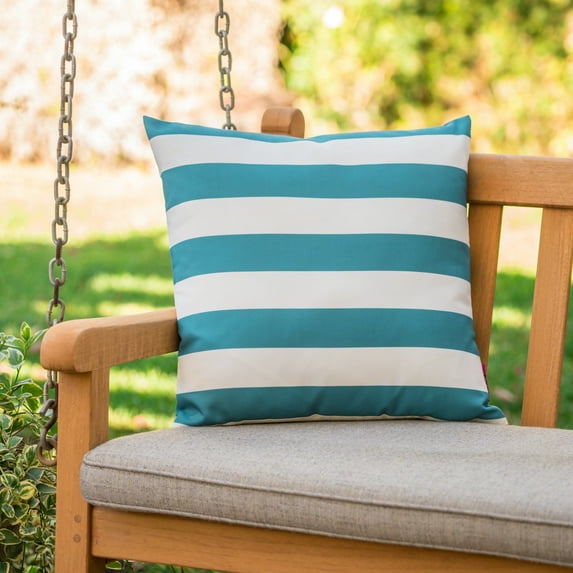 Noble House Coronado 18x18" Square Fabric Outdoor Throw Pillow - Teal Blue/White
