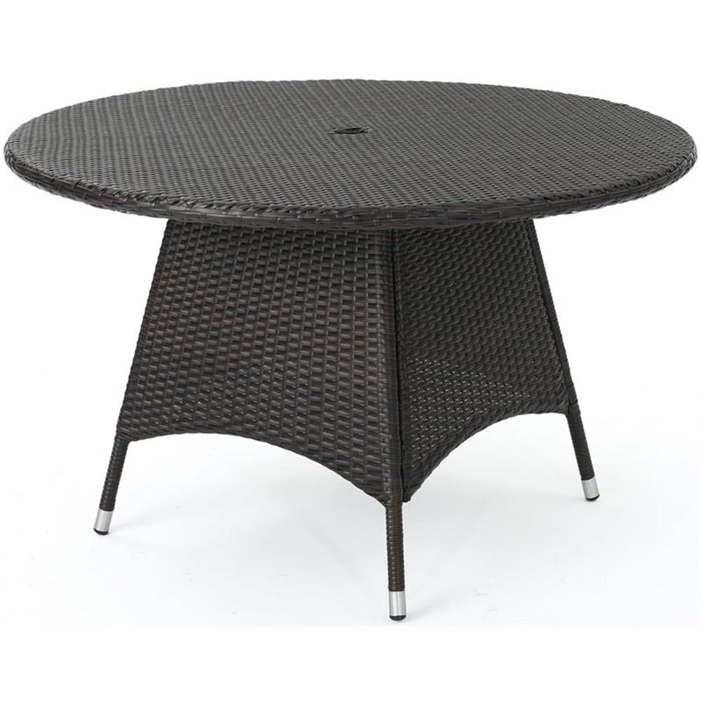 Corsica Brown Round Wicker Outdoor Dining Table with Silver-Tipped Legs