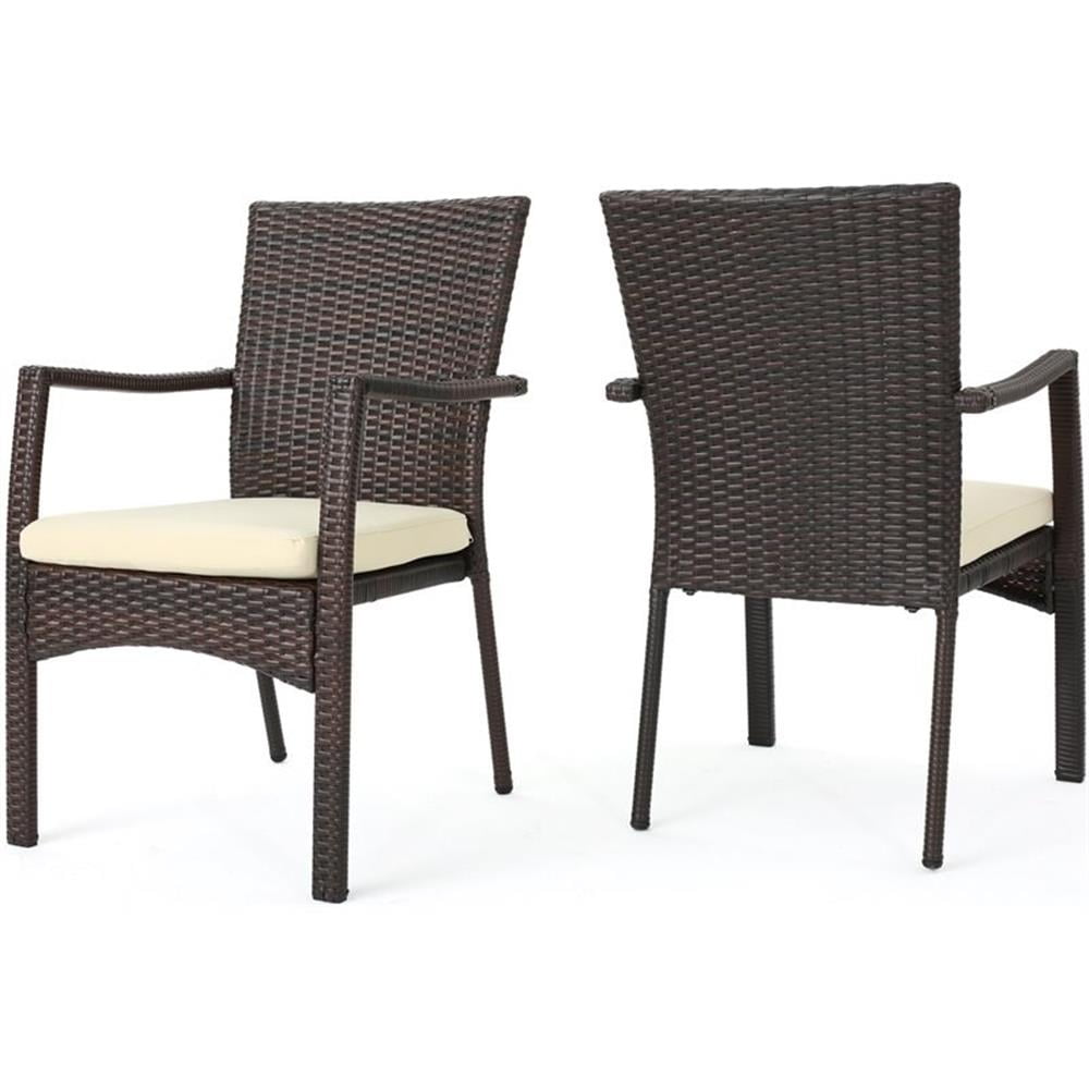 Corsica Brown Iron Wicker Dining Arm Chair with Cream Cushions