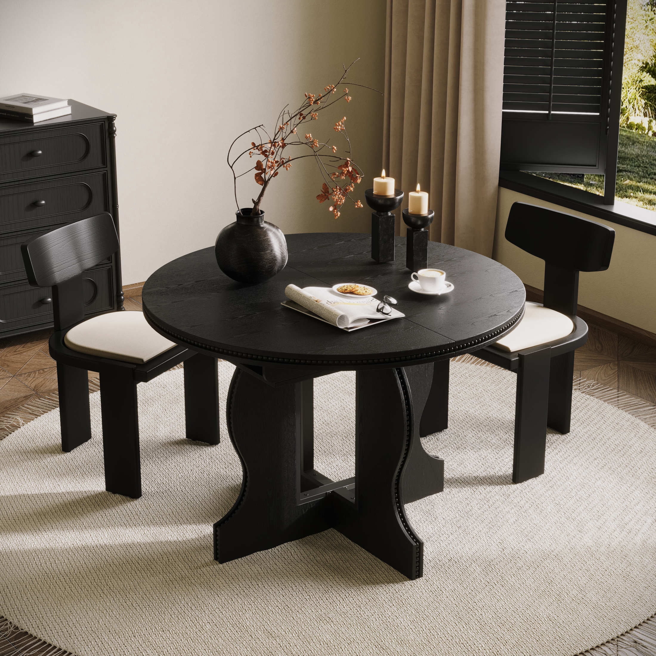 Noble House Corvel Farmhouse Extendable Round-to-Oval Wooden Dining Table with Heavy-Duty Wood Base, Black