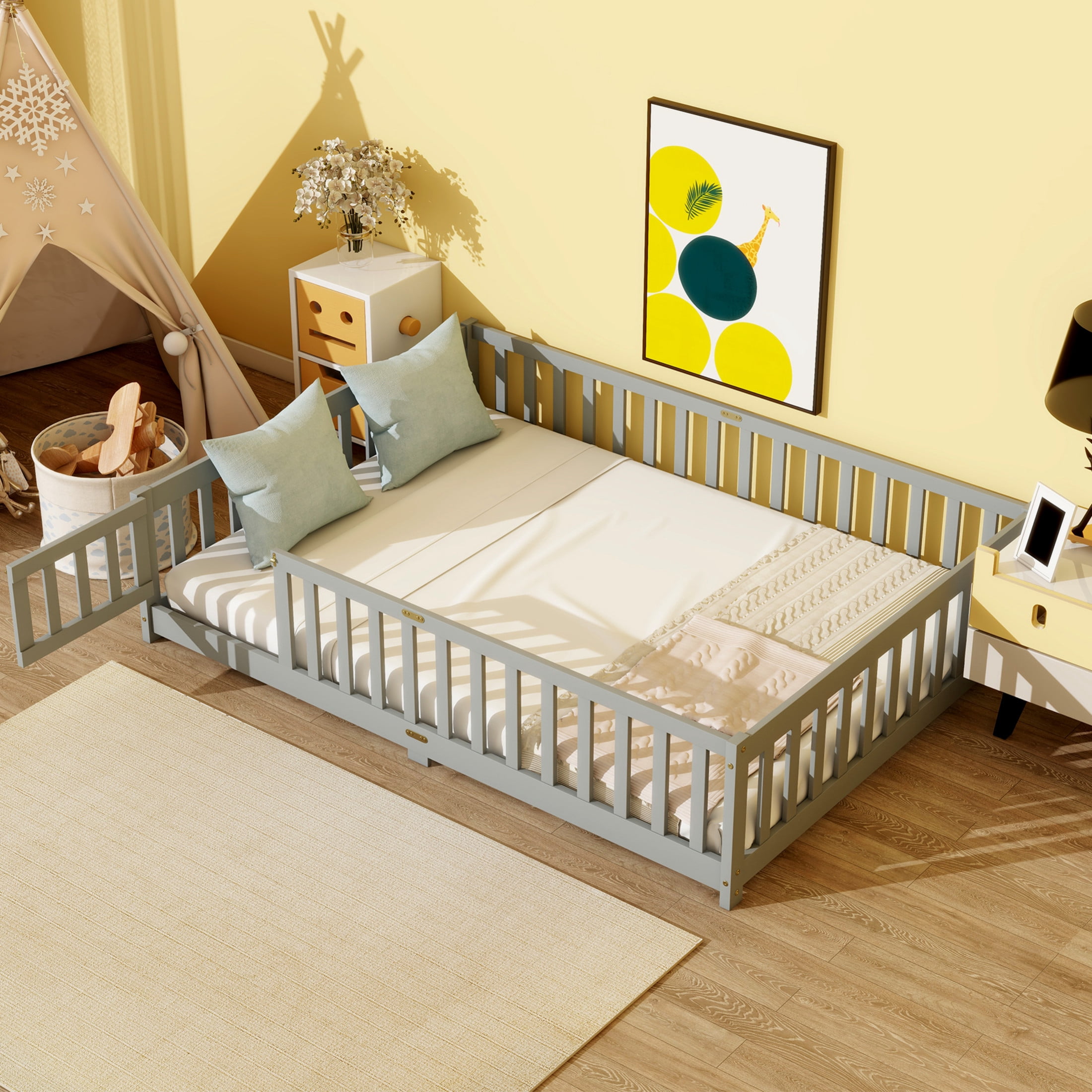 Noble House Corvel Full Size Rubber Wooden Floor Bed with Safety Guardrails & Latching Fence Door, Grey