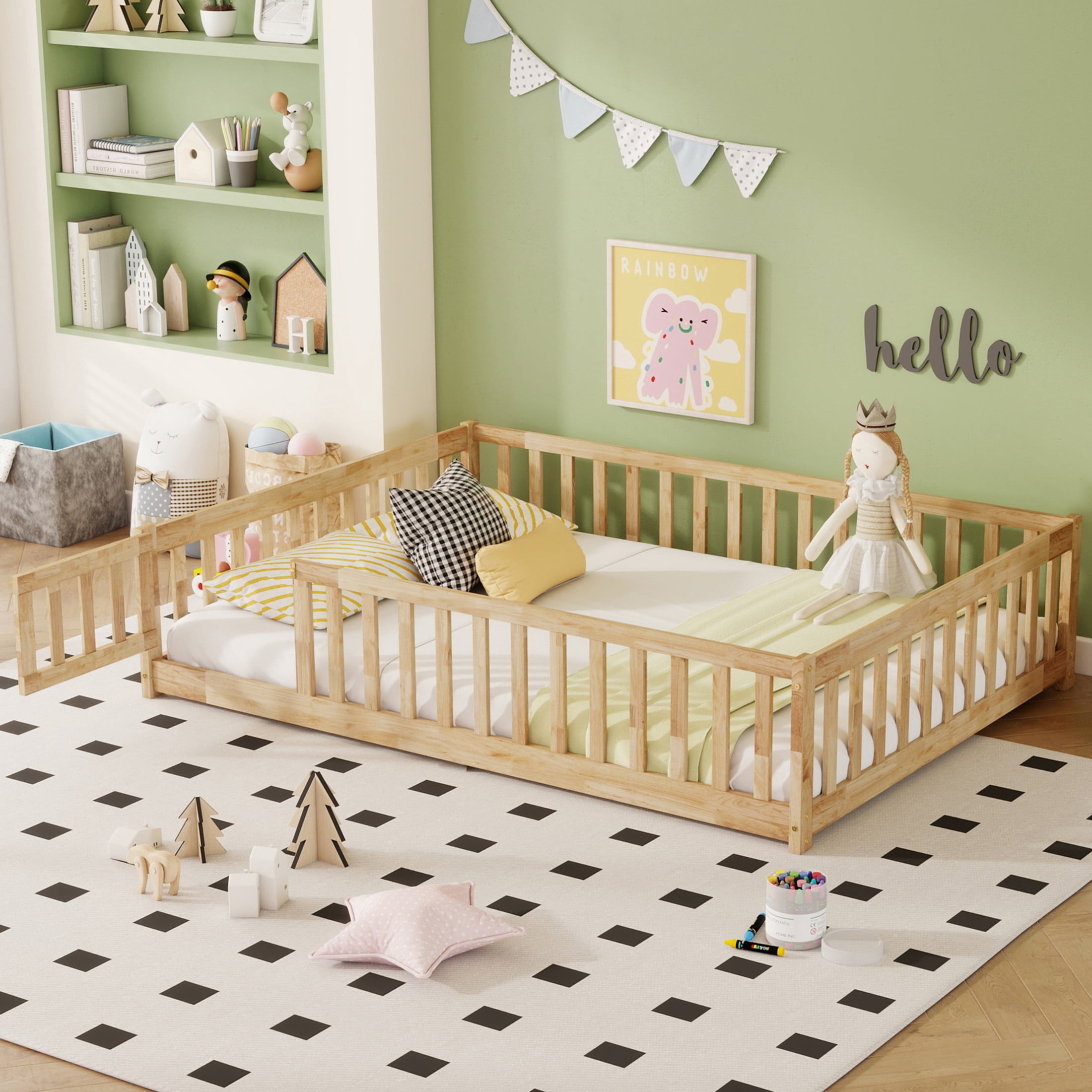 Noble House Corvel Full Size Rubber Wooden Floor Bed with Safety Guardrails & Latching Fence Door, Natural