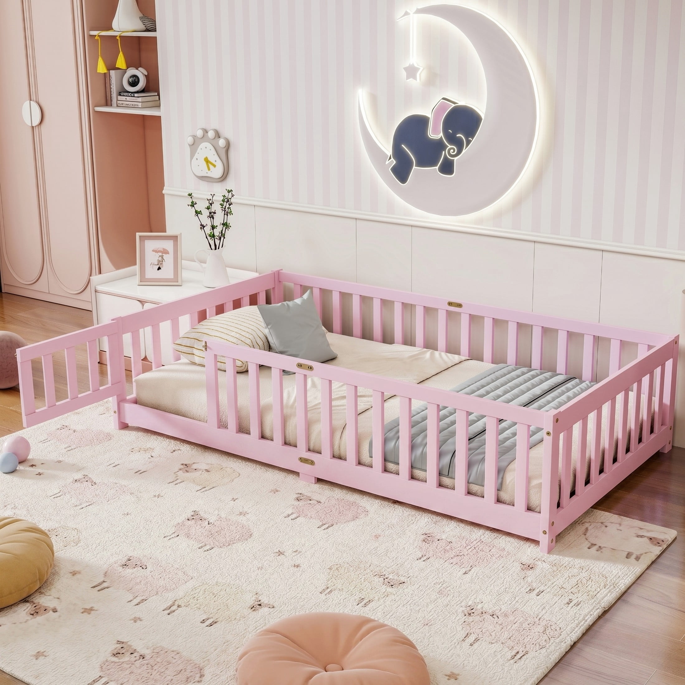 Noble House Corvel Twin Size Rubber Wooden Floor Bed with Safety Guardrails & Latching Fence Door, Pink