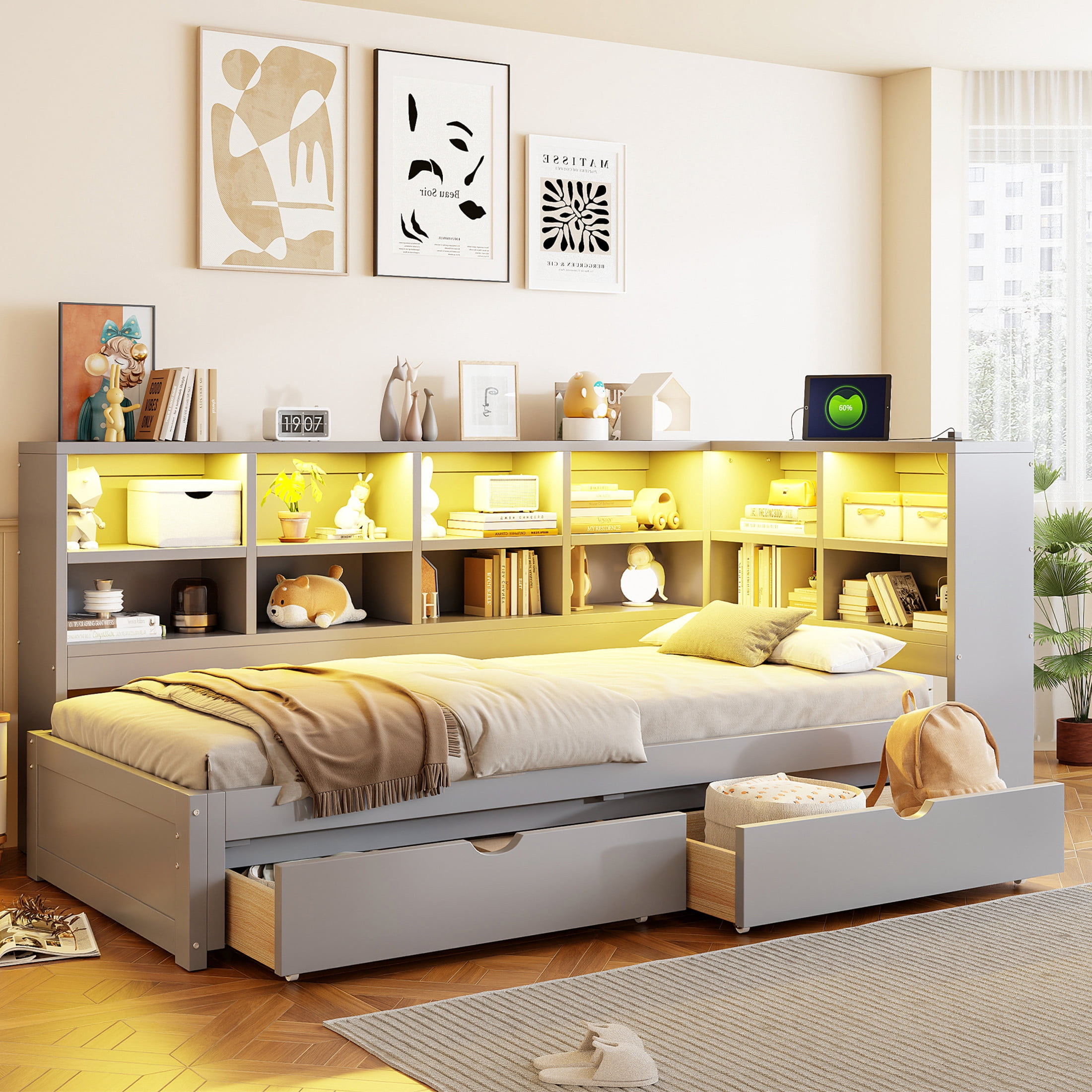 Noble House Corvella Twin XL to King Expandable Daybed with Storage Drawers, Open Shelves, LED and USB, Gray