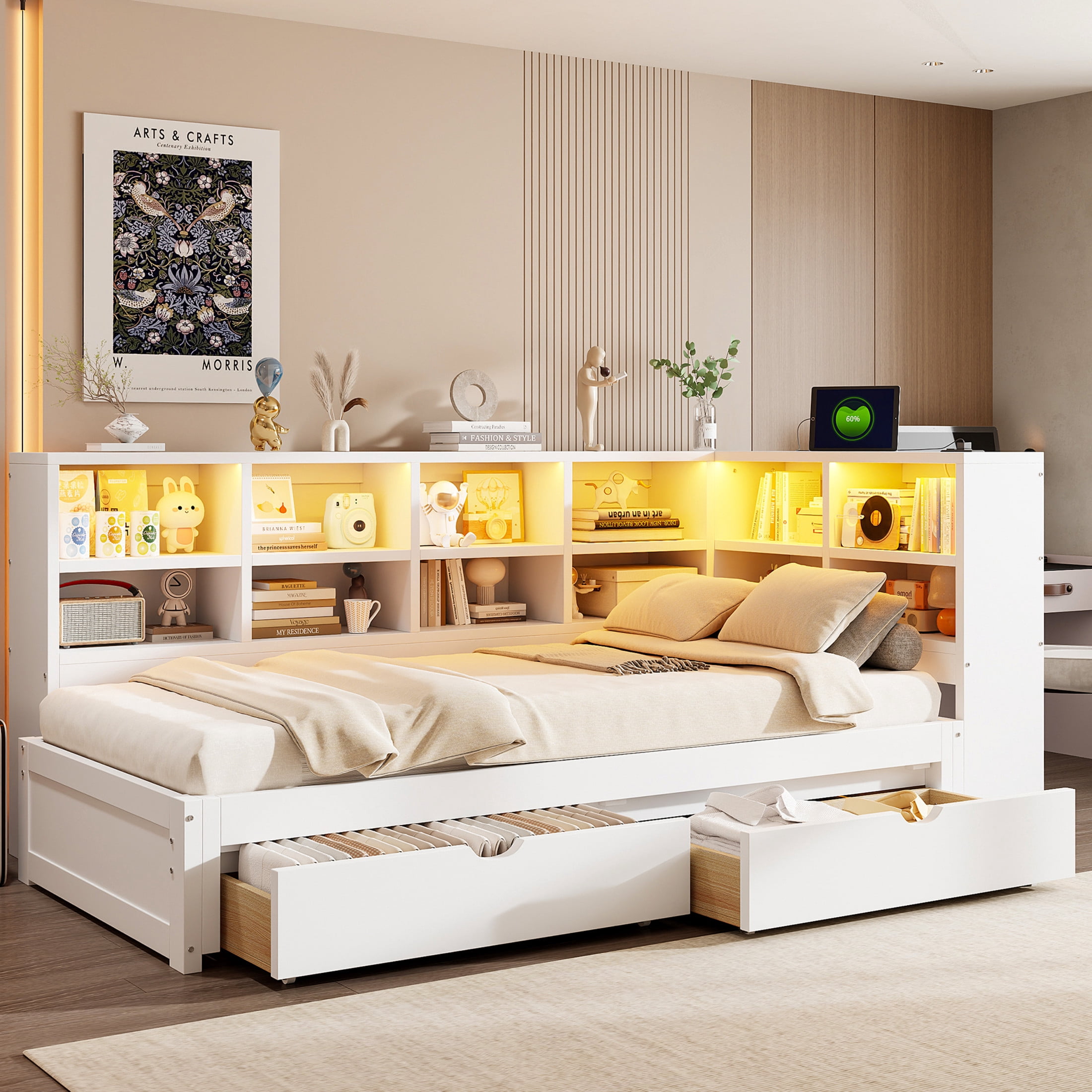 Noble House Corvella Twin XL to King Expandable Daybed with Storage Drawers, Open Shelves, LED and USB, White