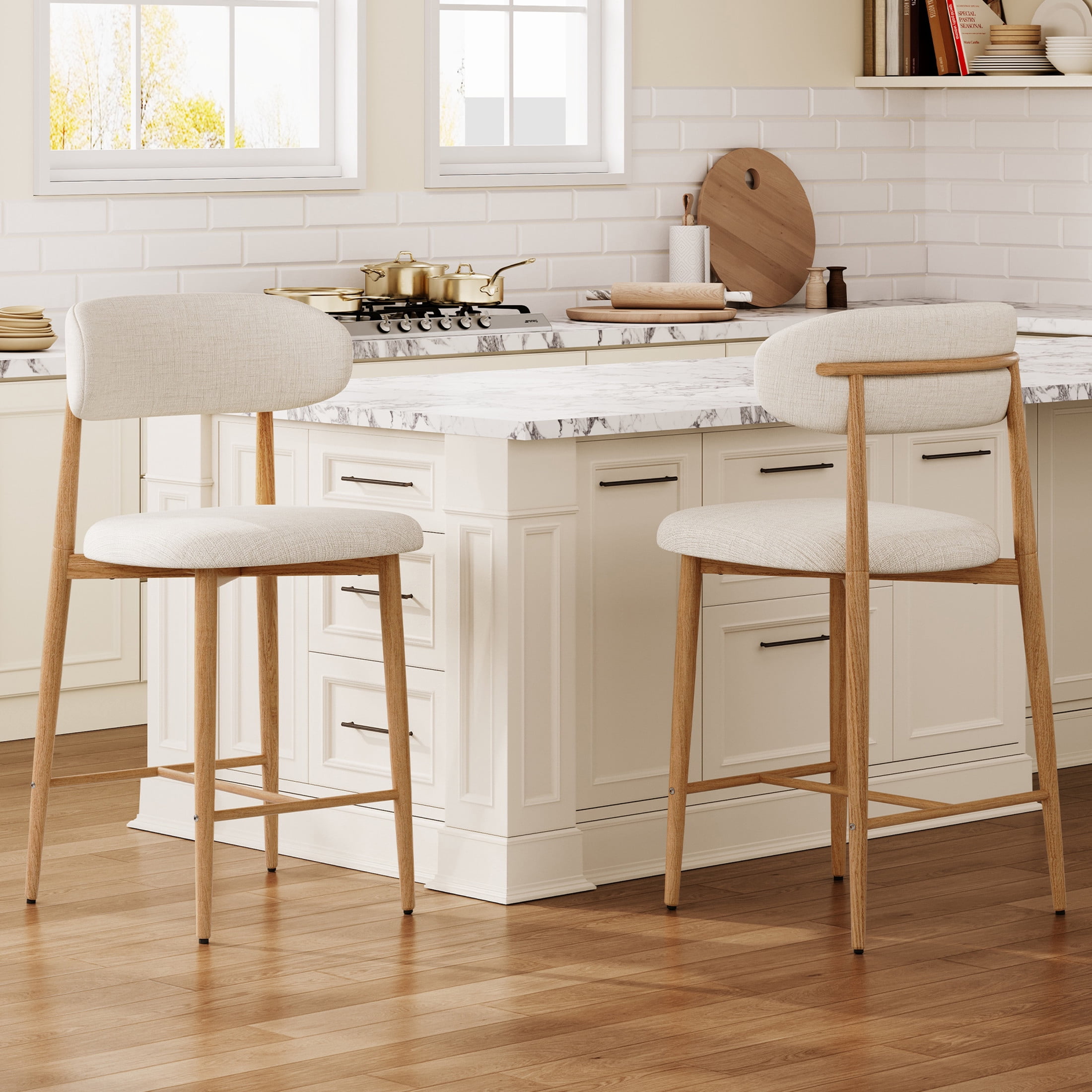 Noble House Counter Bar Stools, Upholstered Stools with Metal Legs, Ergonomic Kitchen Island Chairs, Beige, Set of 2
