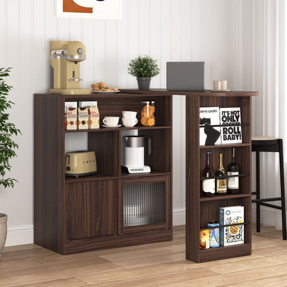 Noble House Counter Height Bar Cabinet with Rotating Top, Storage Unit with Glass Doors, Walnut