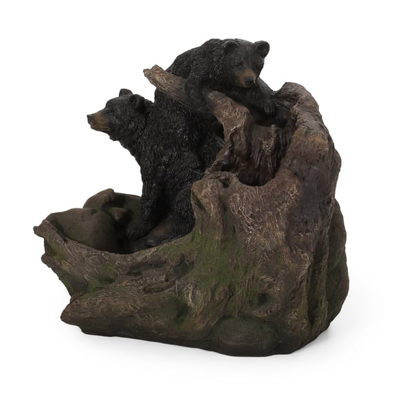 Noble House Coweta Outdoor Bears on a Log Fountain, Light Brown and Black