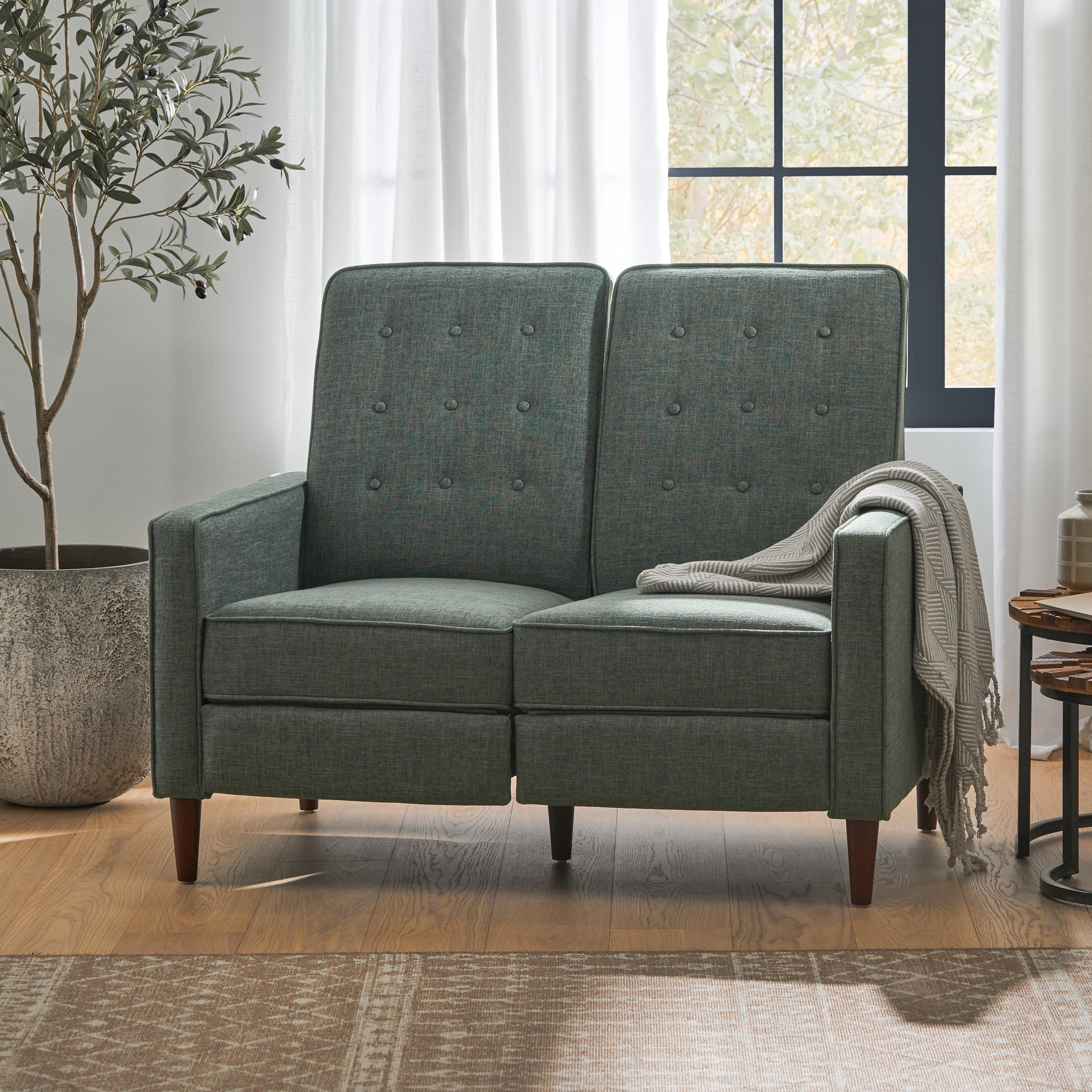 Noble House Craigue Fabric Tufted Loveseat Pushback Recliner, Gray