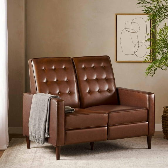Noble House Craigue Faux Leather Tufted Loveseat Pushback Recliner, Cognac Brown
