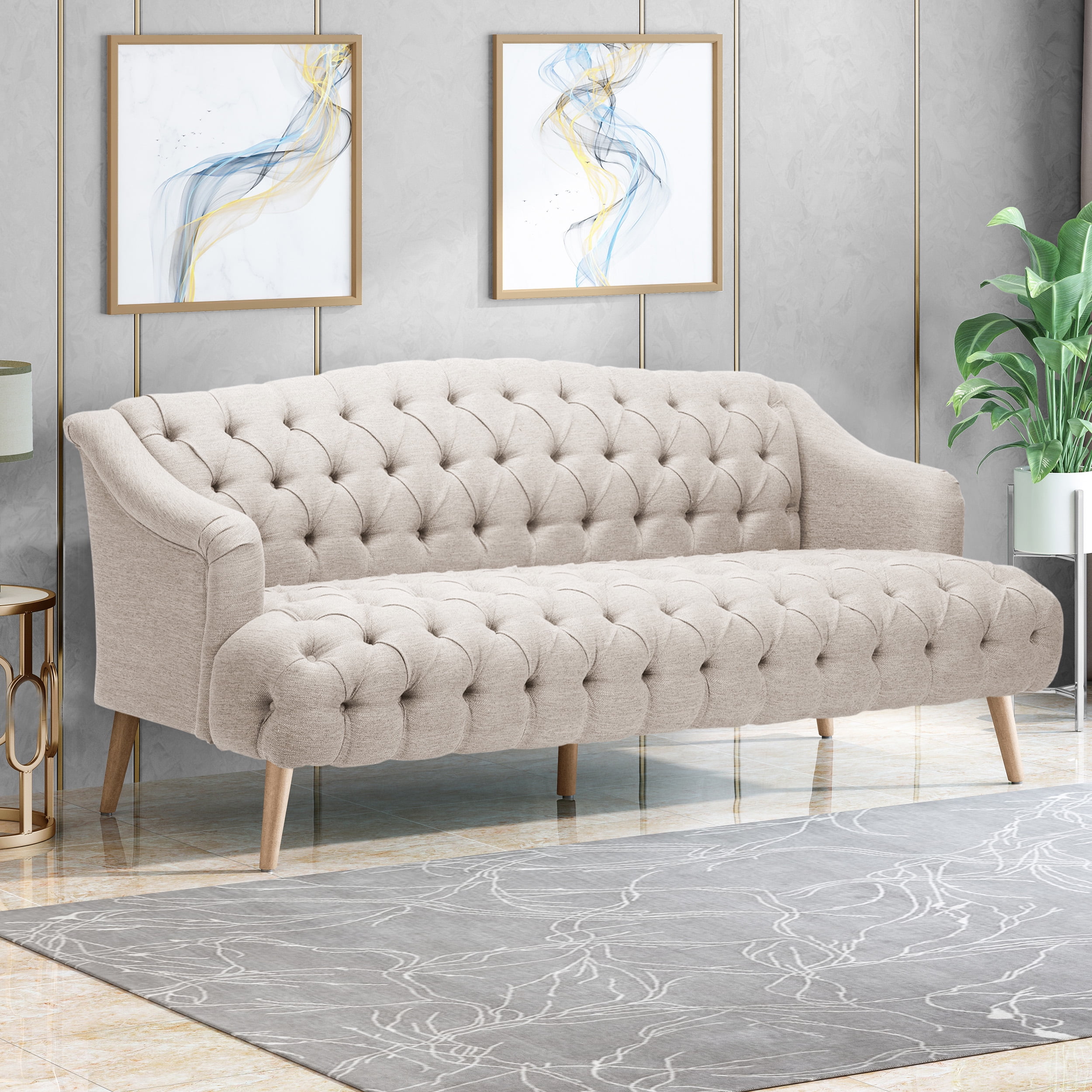 Beige Velvet Tufted Lawson Sofa with Sloped Arms and Wood Frame