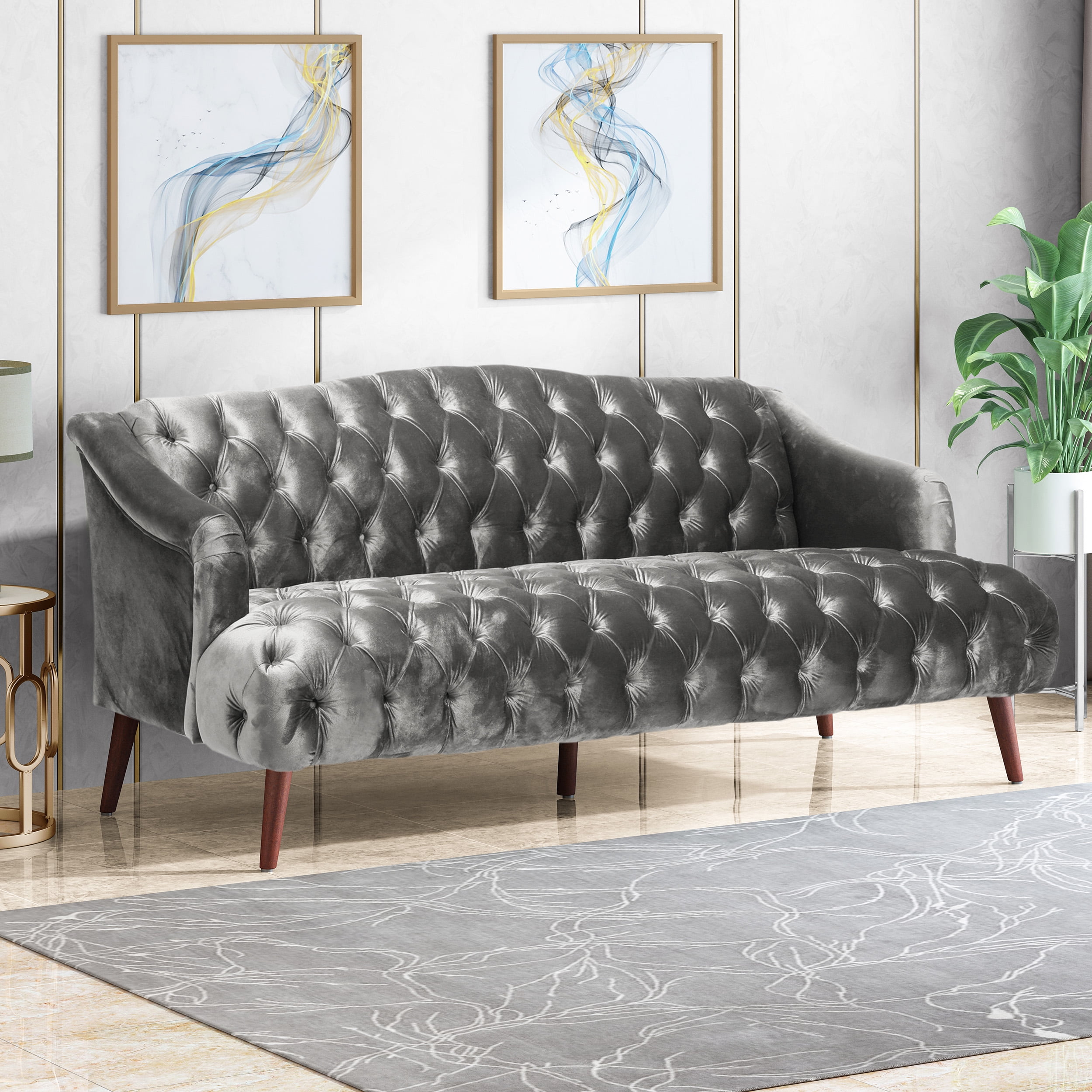 Noble House Croxton Tufted Velvet Sofa, Smoke, Walnut