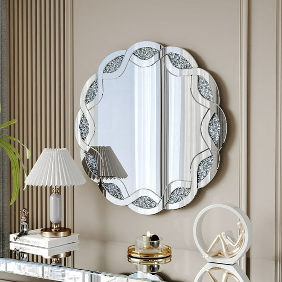 Noble House Crush Diamond Round Wall Mirror, Wave Frame Decorative Mirror Heavy Duty Frame with 2 Hangers, Silver