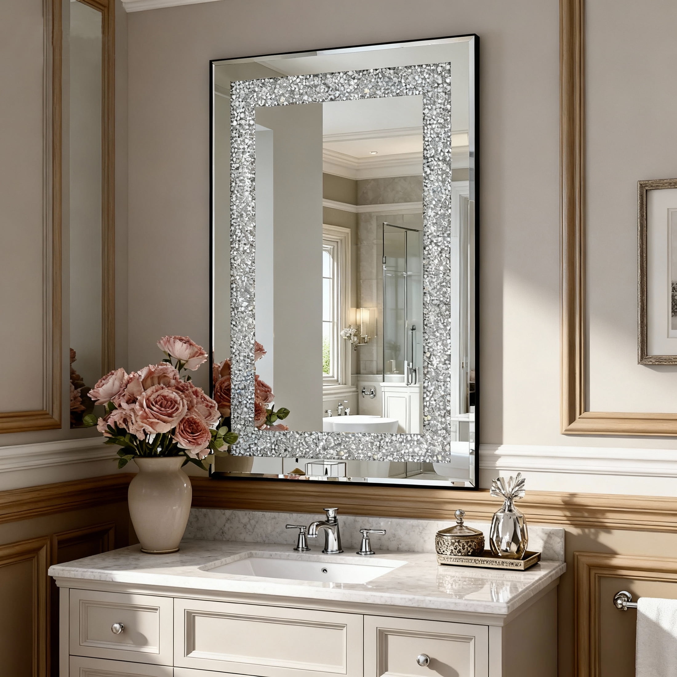 Noble House Crystal Crush Diamond Silver Wall Mirror,Modern Rectangular Mirror with Beveled Edge,Silver