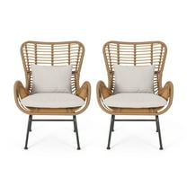 Noble House Crystal Modern Faux Rattan Cushions Marquwz Outdoor Wicker Club Chairs, Beige (Set of 2)