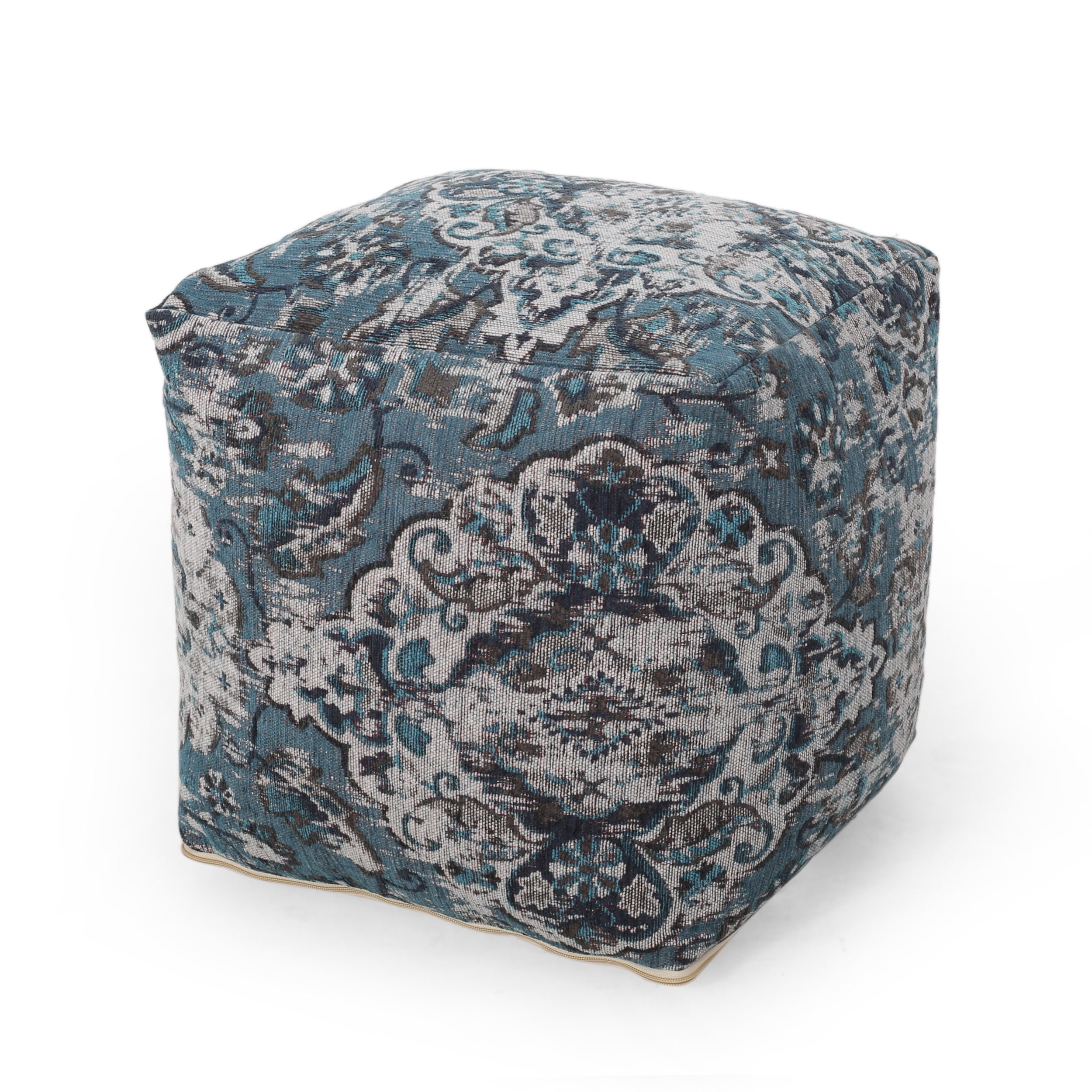 Noble House Cube Bohemian Fabric Pouf, Blue