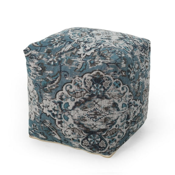 Noble House Cube Bohemian Fabric Pouf, Blue
