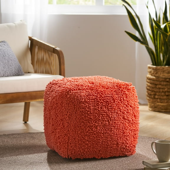 Noble House Cube Solid Plush Fabric Poufs, Orange
