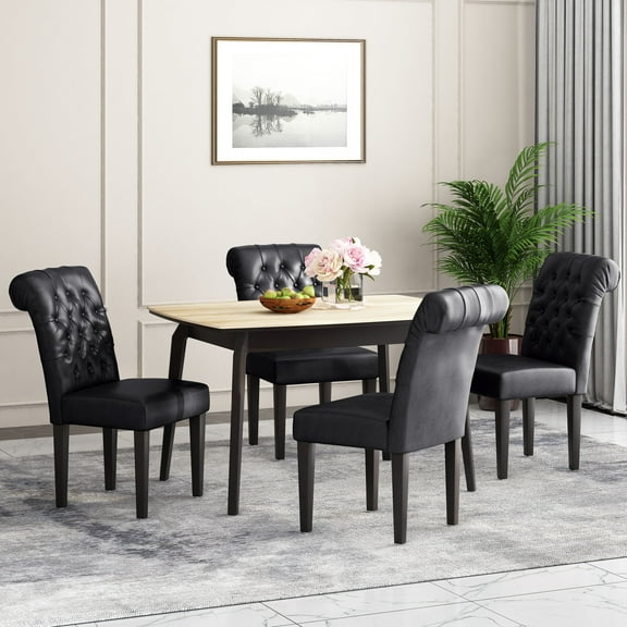 Noble House Cullon Indoor Faux Leather Tufted Dining Chairs, Set of 4, Midnight Black and Matte Black