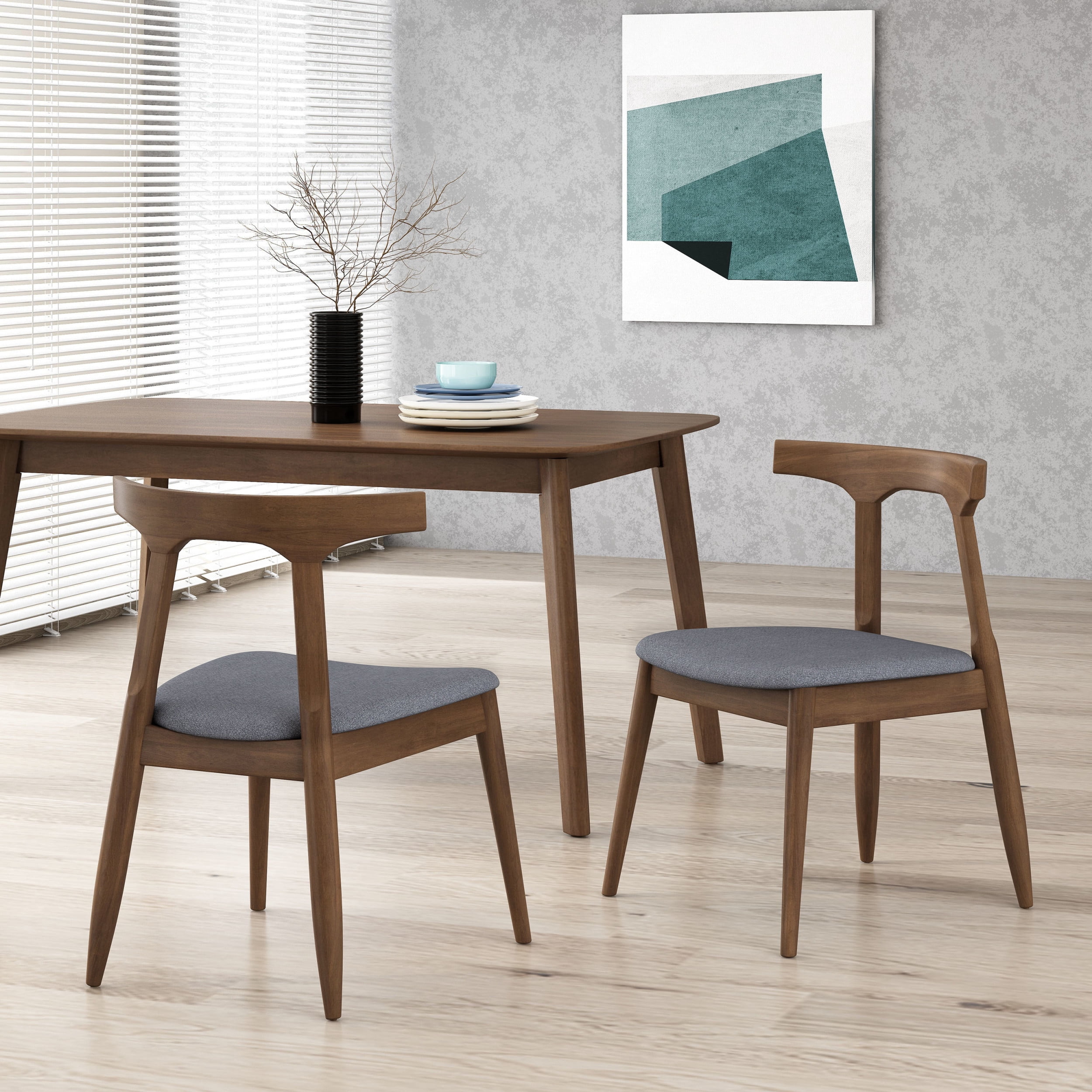 Noble House Currant Fabric Upholstered Dining Chairs, Set of 2, Walnut and Charcoal