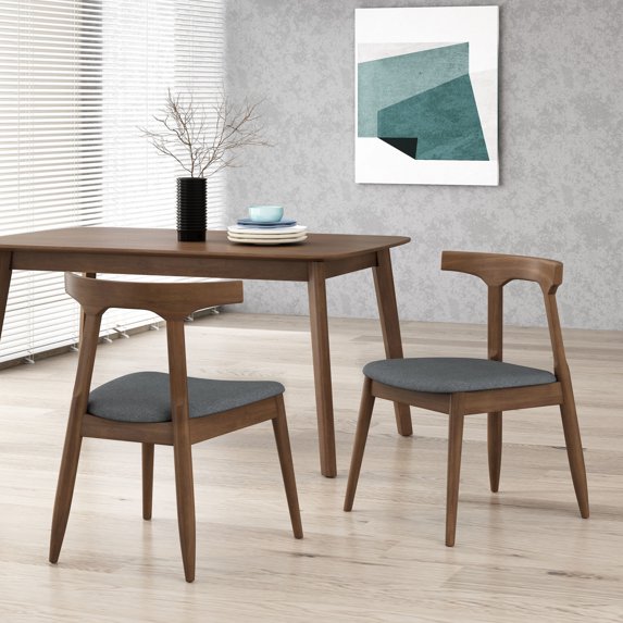 Noble House Currant Fabric Upholstered Dining Chairs, Set of 2, Walnut and Gray