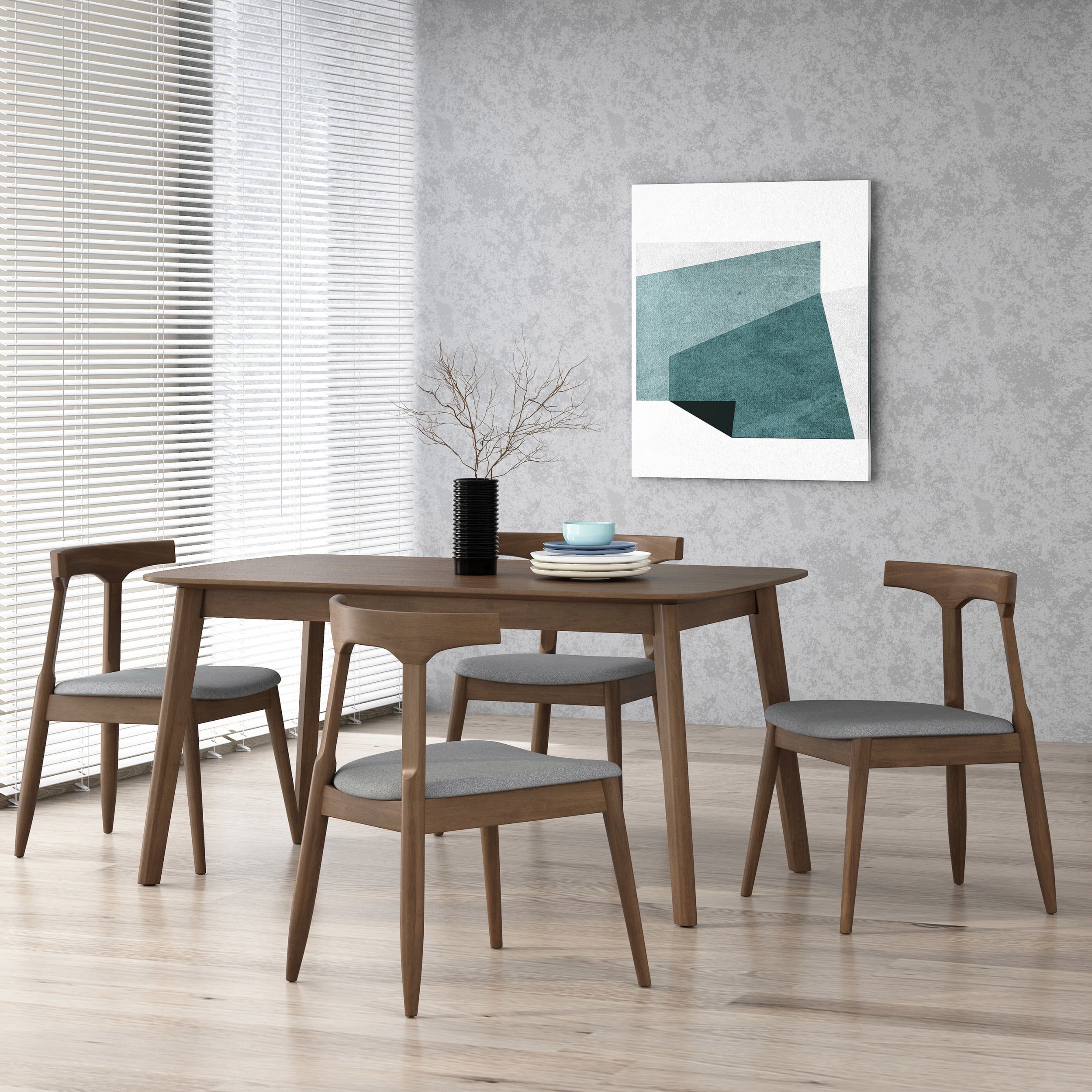 Noble House Currant Fabric Upholstered Dining Chairs, Set of 4, Walnut and Light Gray