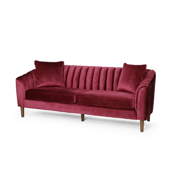 Noble House Currie Tufted Velvet 3 Seater Sofa, Wine, Dark Walnut