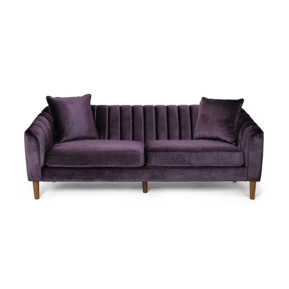 Noble House Currie Tufted Velvet Sofa, Blackberry, Dark Walnut