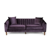 Noble House Currie Tufted Velvet Sofa, Blackberry, Dark Walnut