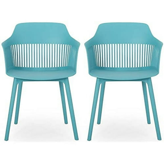 Noble House Dahlia Plastic Patio Dining Arm Chair in Teal (Set of 2)