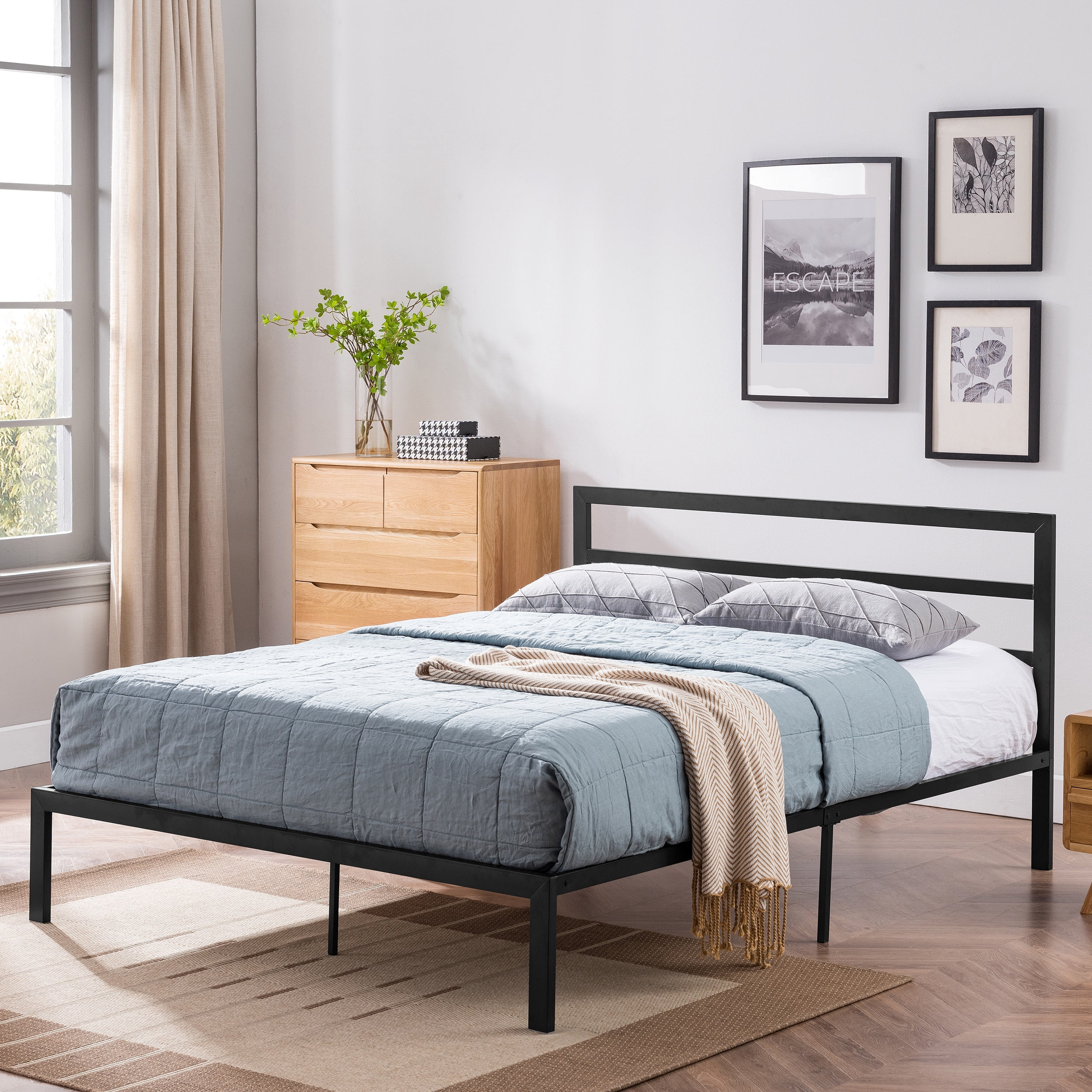 Noble House Daizee Modern Iron Queen Bed Frame, Flat Black
