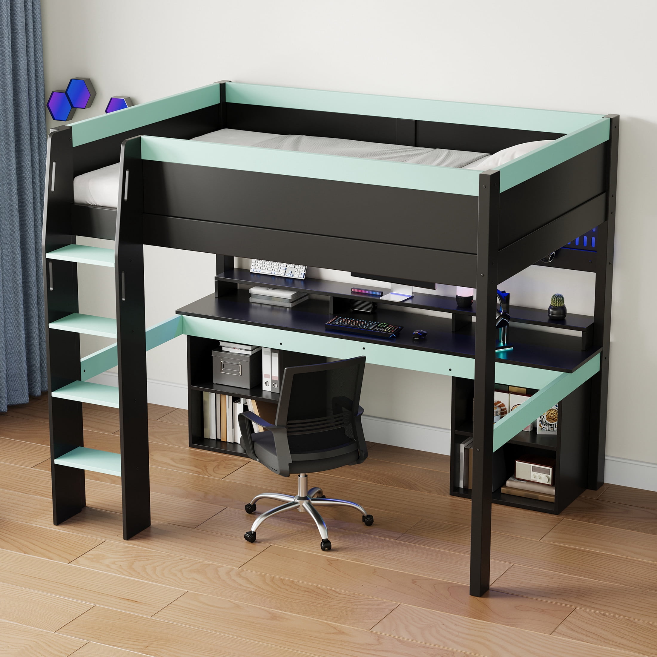 Noble House Dalmor Full Size Loft Bed with Multi-Color LED Lights, Detachable Pegboard & Gaming Desk, Black & Blue