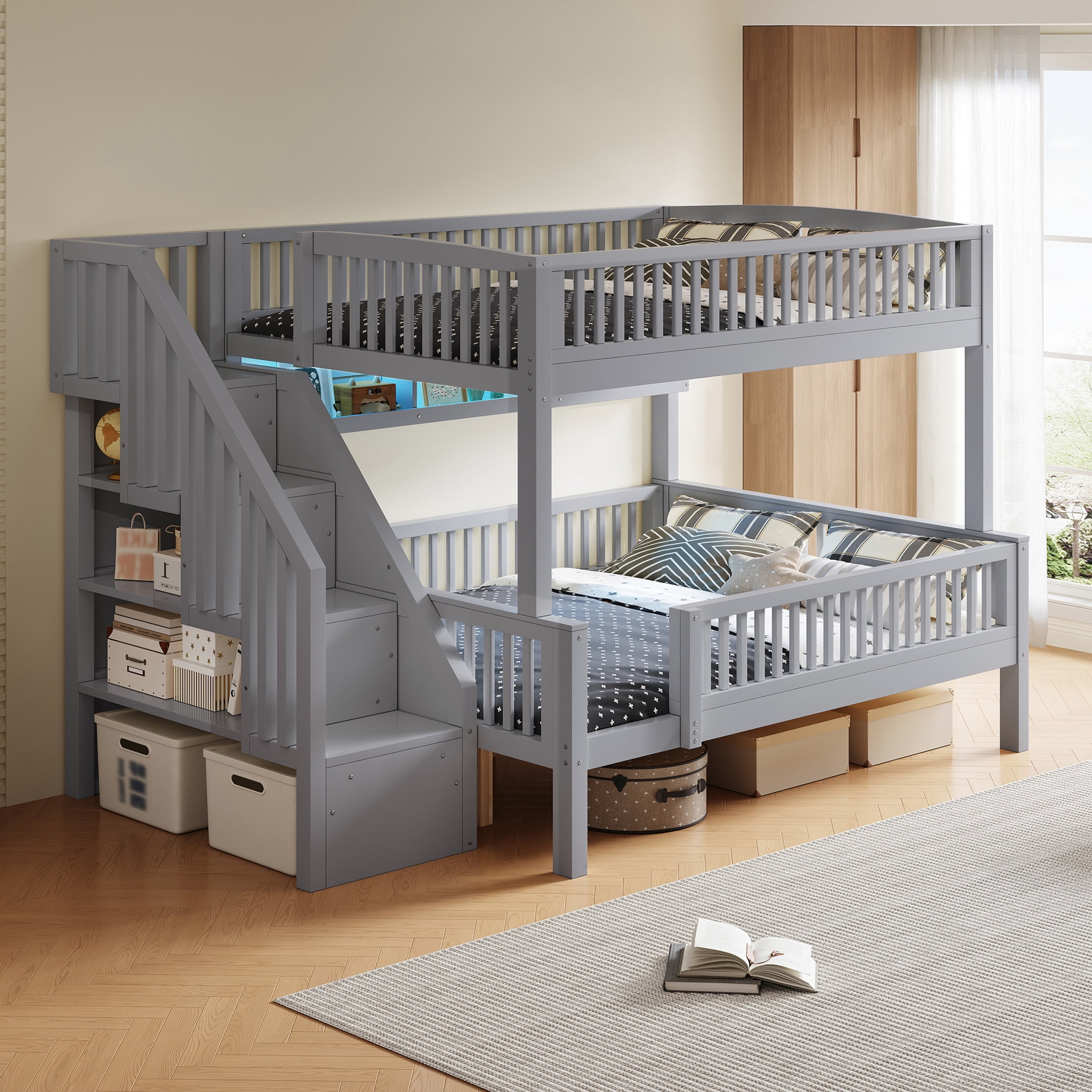 Noble House Dalmor Full XL over Queen Bunk Bed with Storage Staircase & Built-in Bookshelf, Adjustable LED Light, Grey