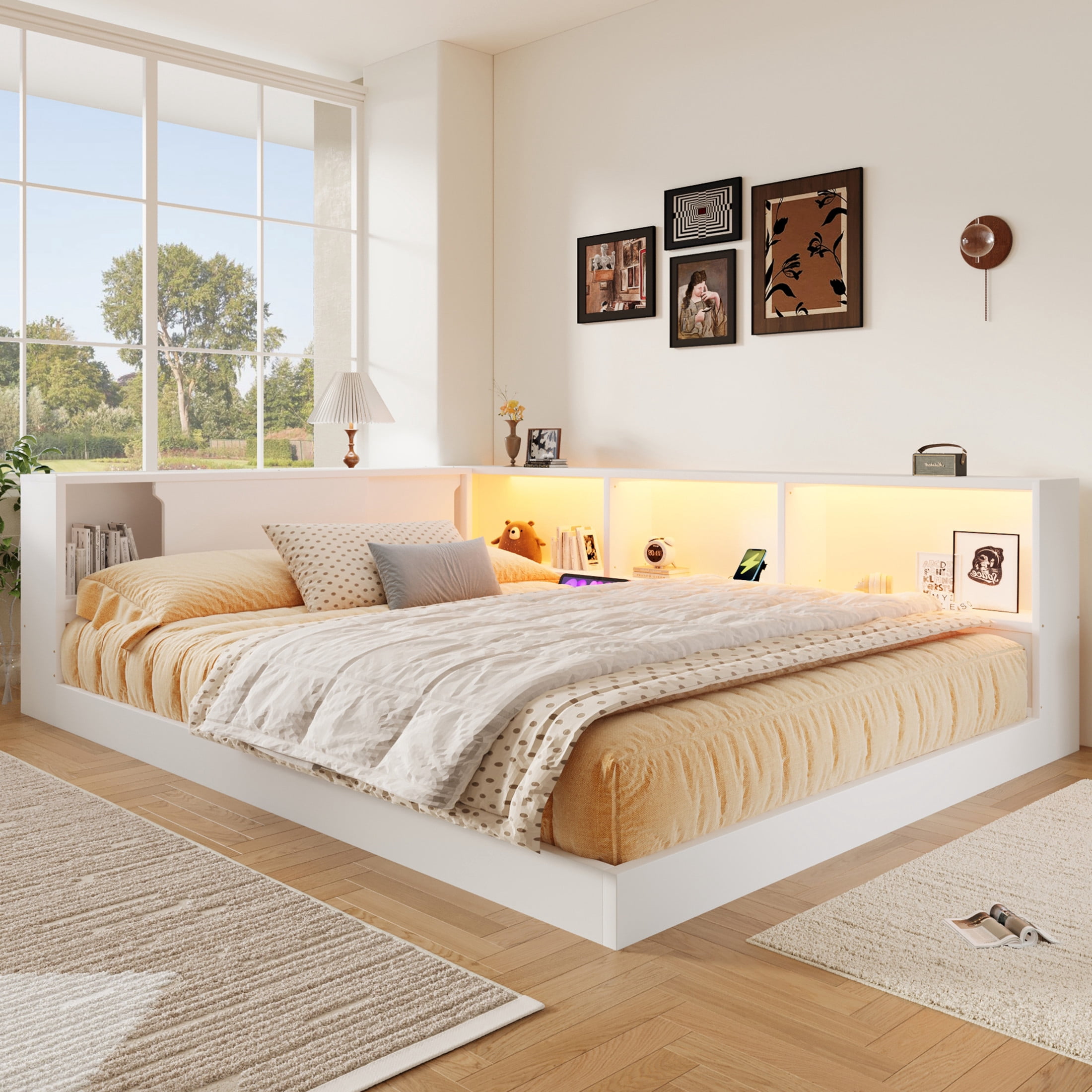 Noble House Dalmor Queen Size Wood Daybed with 5 Storage Cabinets, Built-in Charging Station and LED Light, White