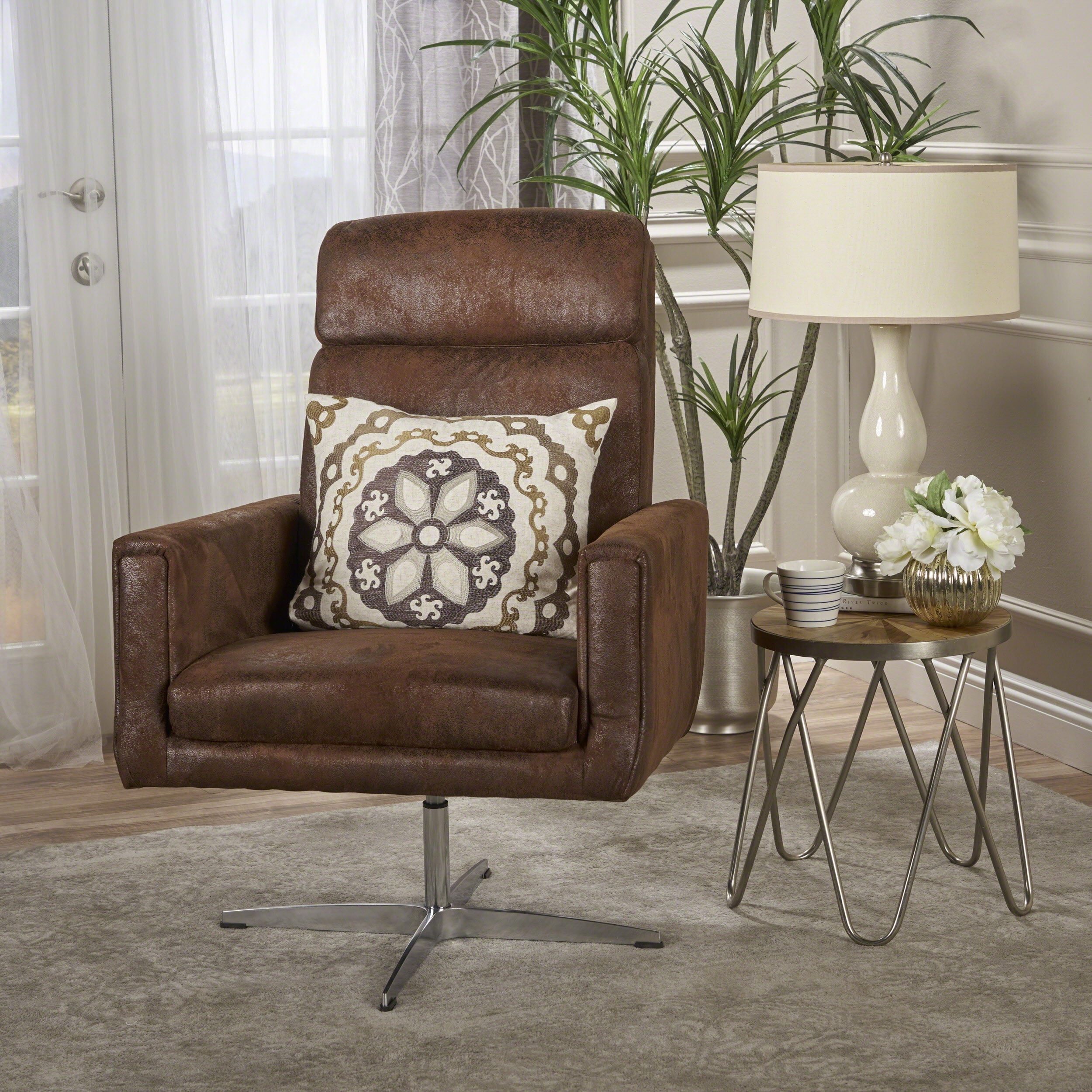 Noble House Damien Modern Microfiber Swivel Accent Chair, Brown, Steel