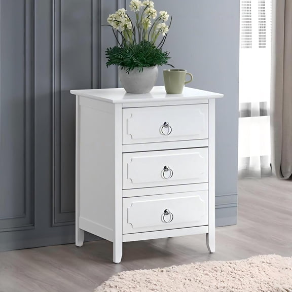 Noble House Daniel 3-Drawer Wood Nightstand, Dovetail Construction, White
