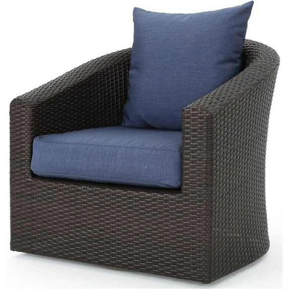 Noble House Darius Outdoor Aluminum Brown Wicker Swivel Chair Navy Blue Cushion