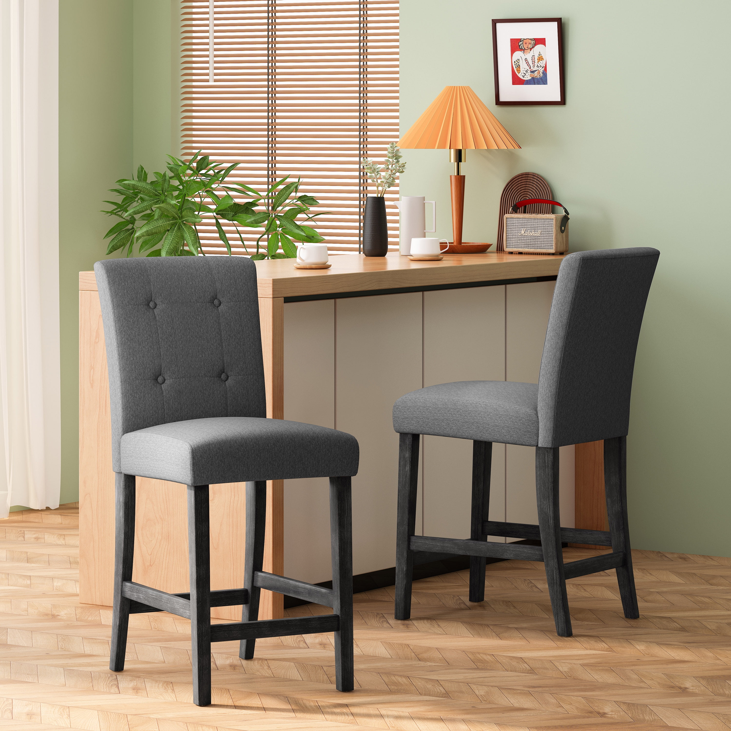 Charcoal and Gray Extra Tall Button Tufted Wood Counter Stools, Set of 2
