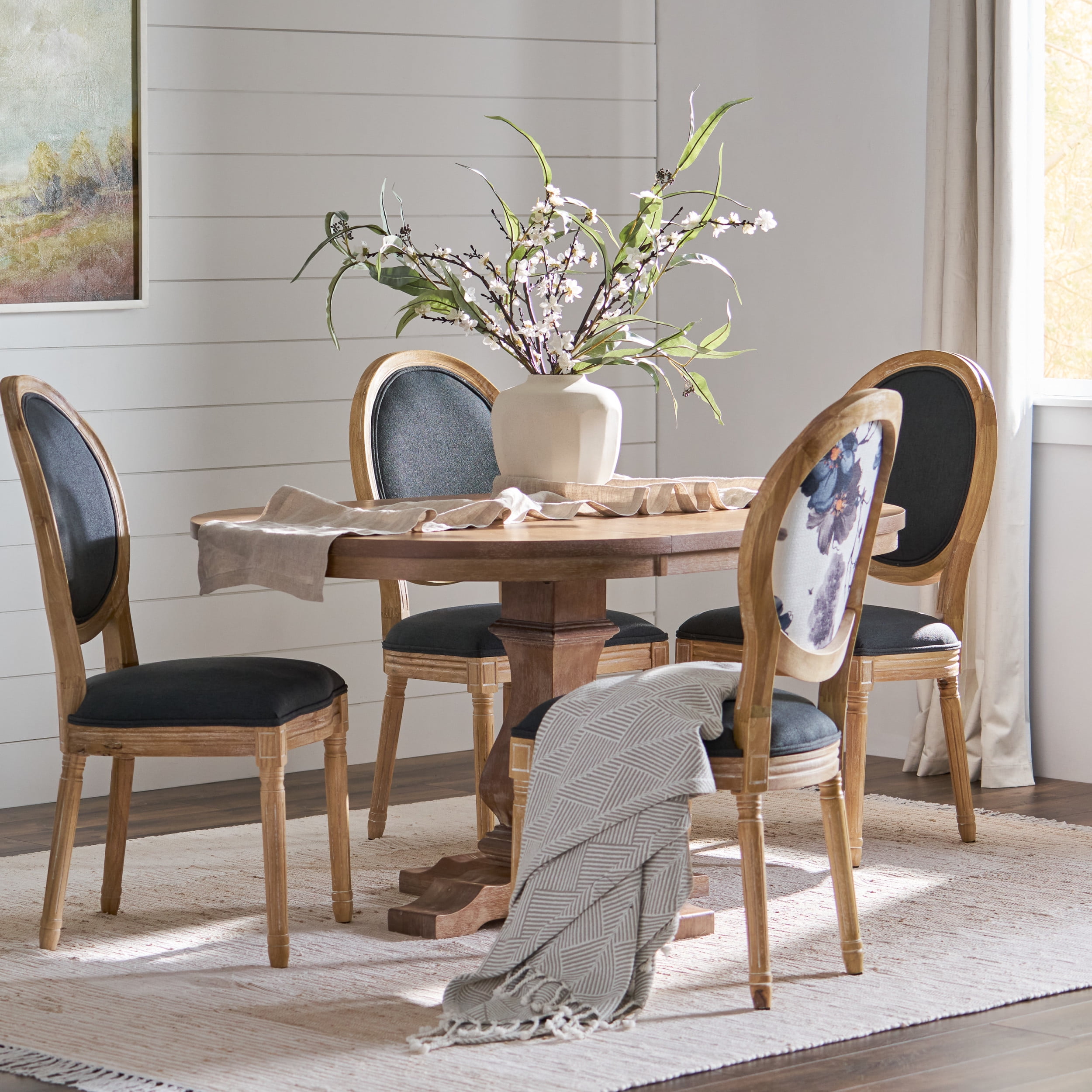 Noble House Dason Fabric and Wood 5 Piece Dining Set, Dark Gray, Floral Print, and Natural