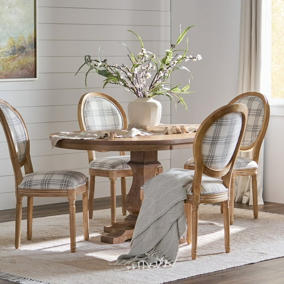 Noble House Dason Fabric and Wood 5 Piece Dining Set, Gray Plaid and Natural