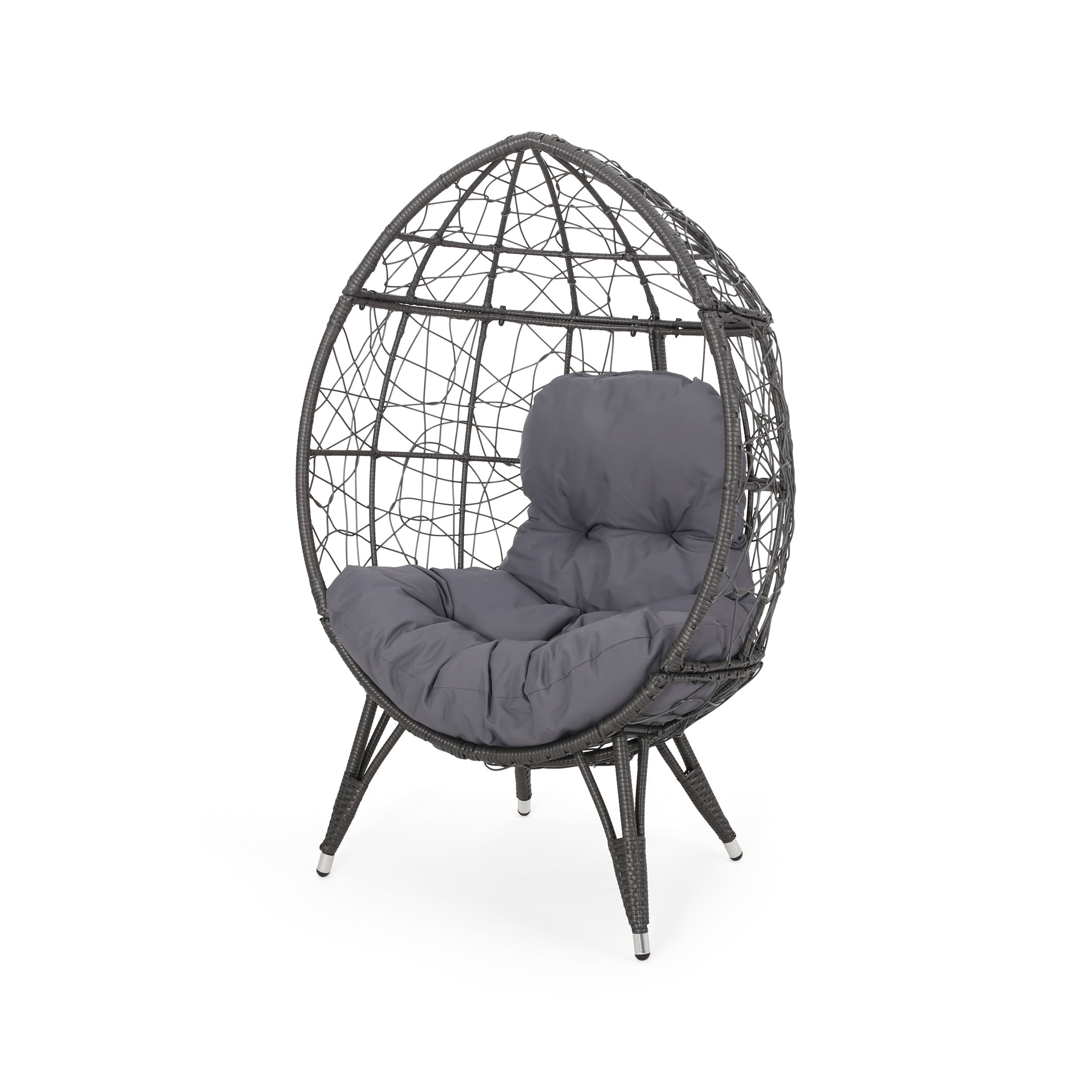 Gray Metal Oval Egg Chair with Dark Gray Cushions