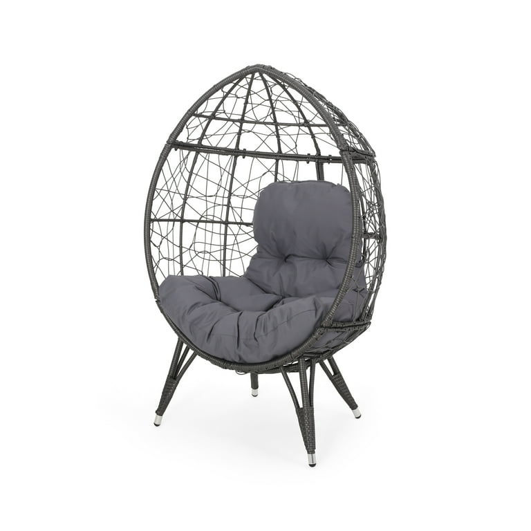 Noble House Daziyah Faux Rattan Teardrop Chair with Cushion Gray