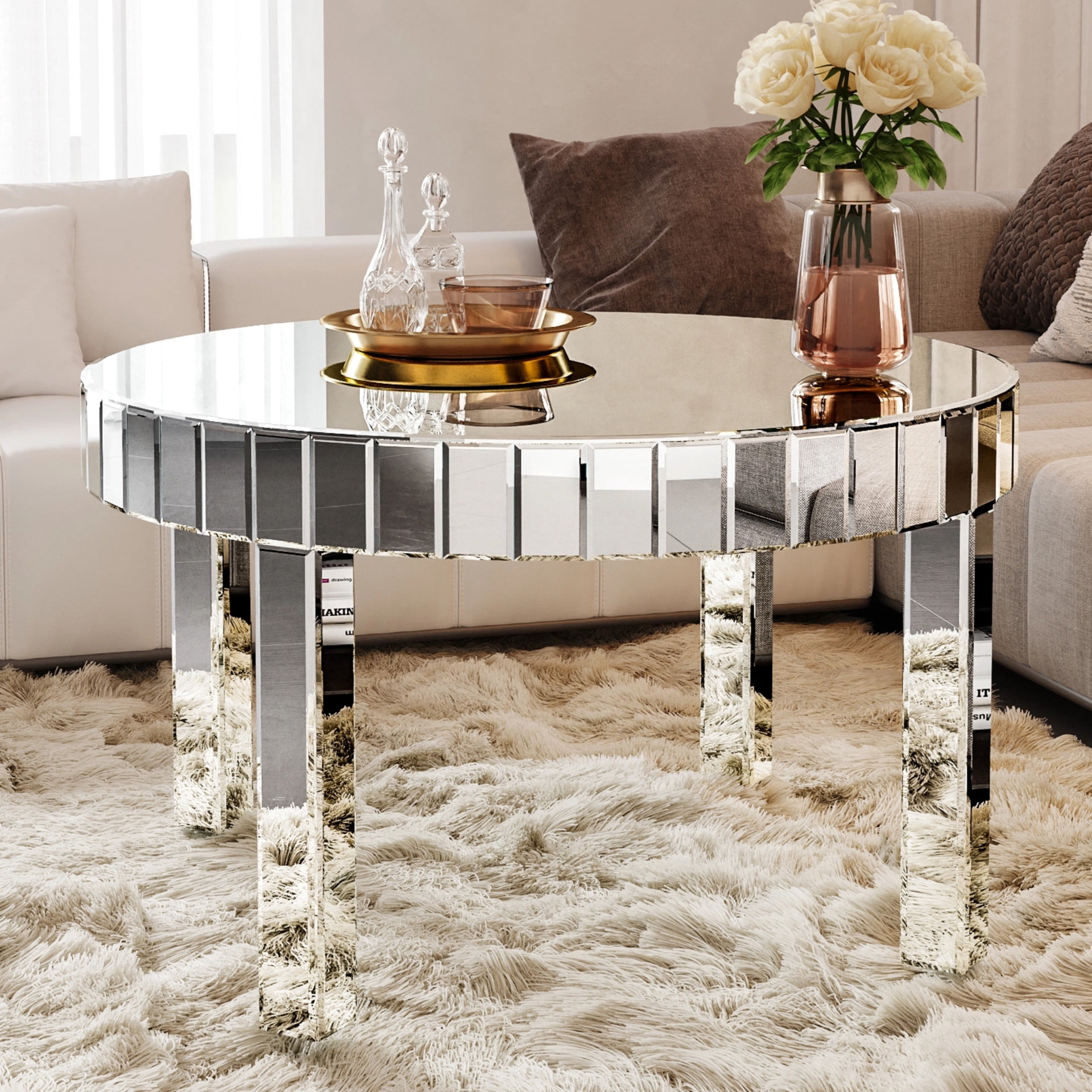 Noble House Dazzling Sliver Round Coffee Table with Fluted Mirror Design for Living Room, Luxury Sofa Center Table, Modern Home Decor, Silver