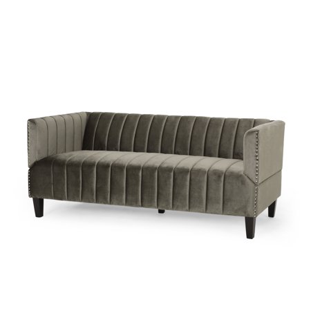 Noble House Dean Contemporary Channel Stitch Velvet 3 Seater Sofa, Gray