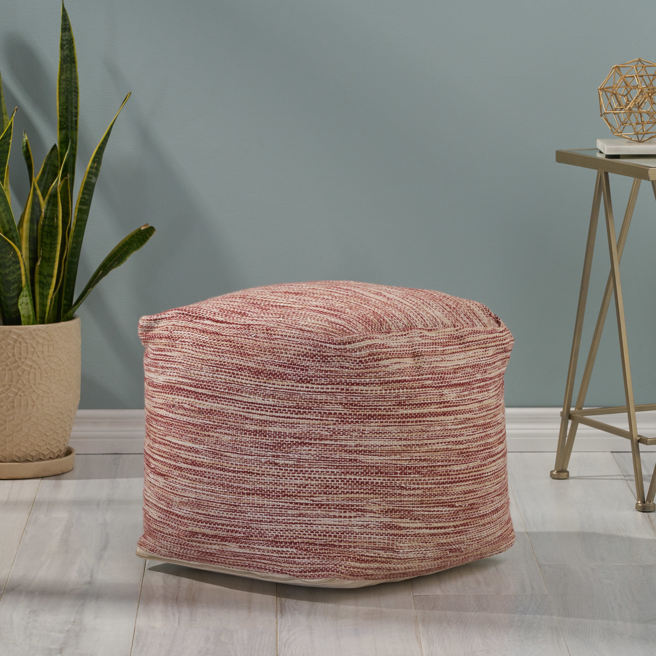 Noble House Edras Boho 16" Yarn Pouf, Red and White