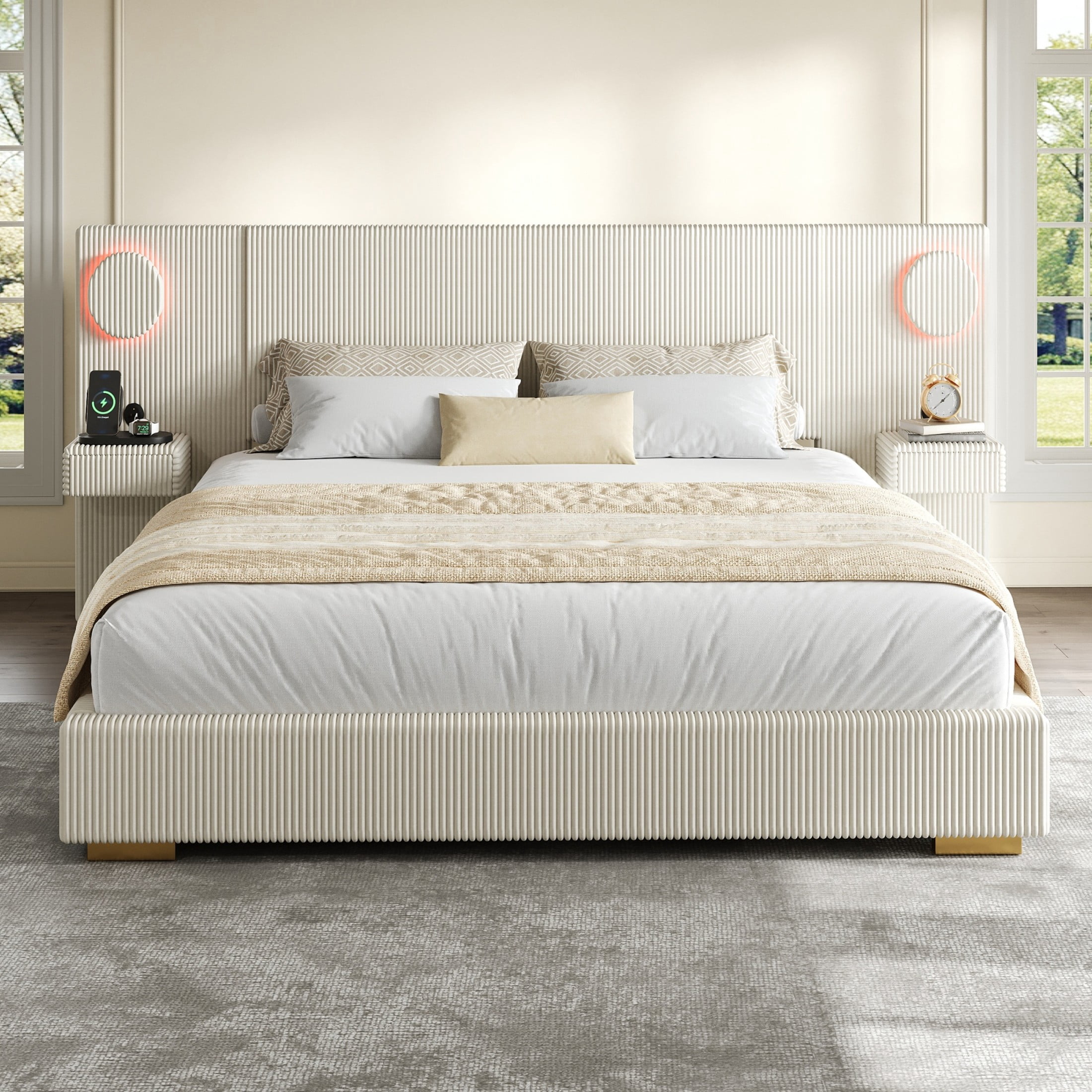 Noble House Dellas King Size Upholstered Platform Bed with LED Lights, Charging Ports & Side Storage Drawers, Beige